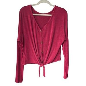 Olivia Rae Button Crop Tie Long Sleeve Shirt Red Size L